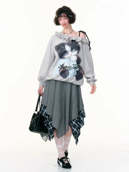 Cat Print One-shoulder Sweatshirt　X3386