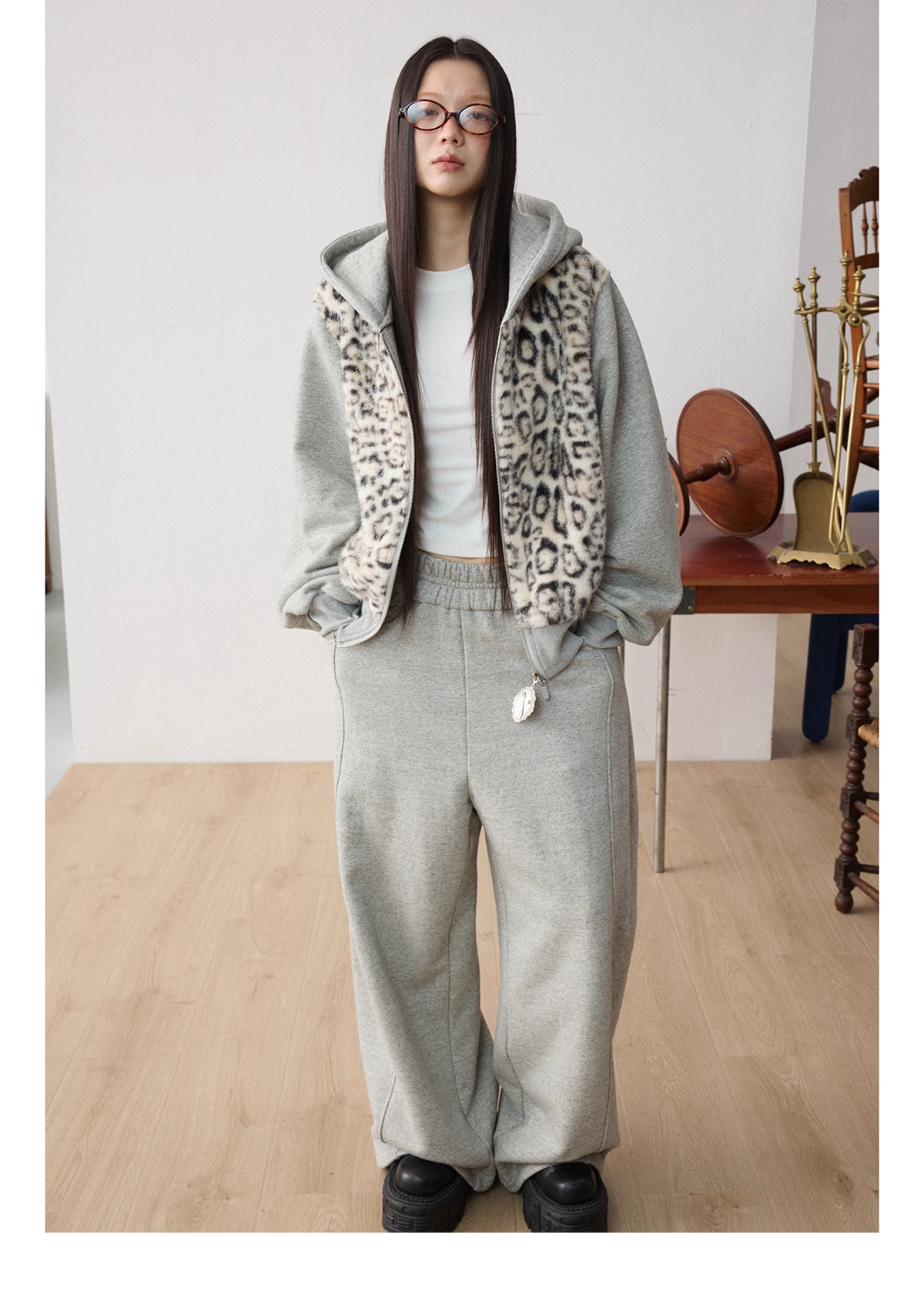 Leopard Faux-Fur Panel Hoodie & Pants　X3487