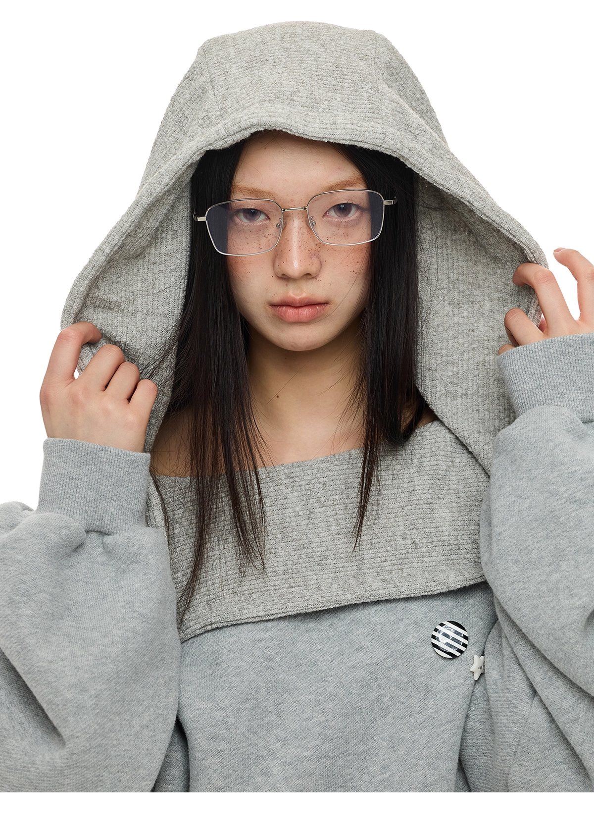 Layered-Look Off-Shoulder High-Neck Hoodie　X3485