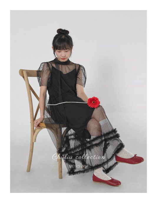 Polka Dot Tulle Puff Sleeve Dress 2-Piece Set　X3526