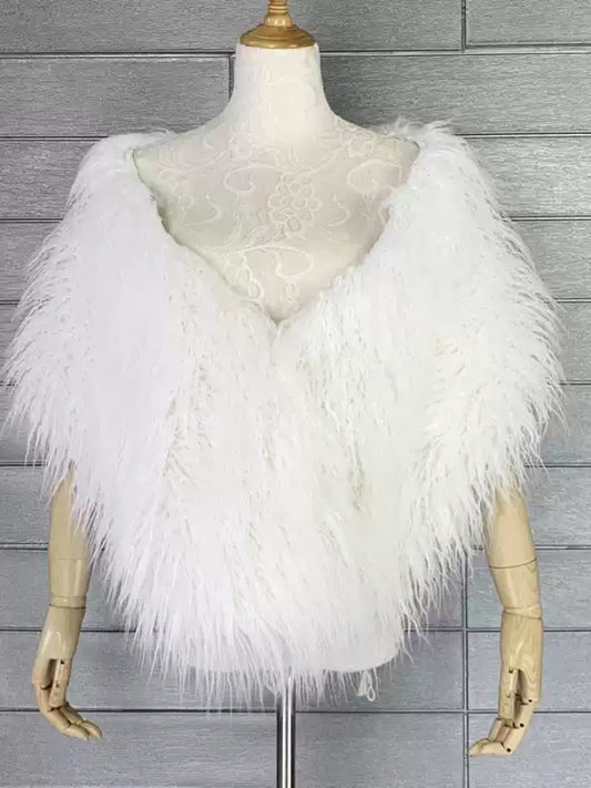 Wide V-neck faux fur shawl jacket X2858