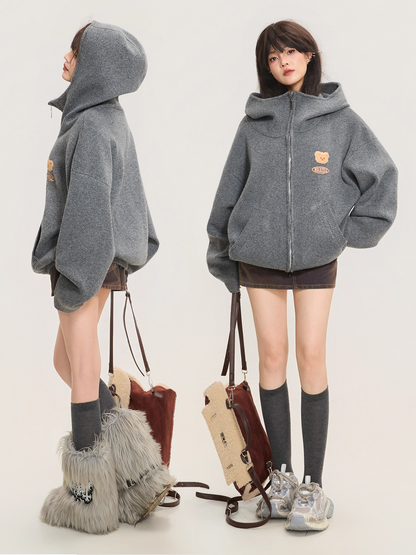 Heavyweight Grey Zip-Up Knit Hoodie Cardigan　X3368
