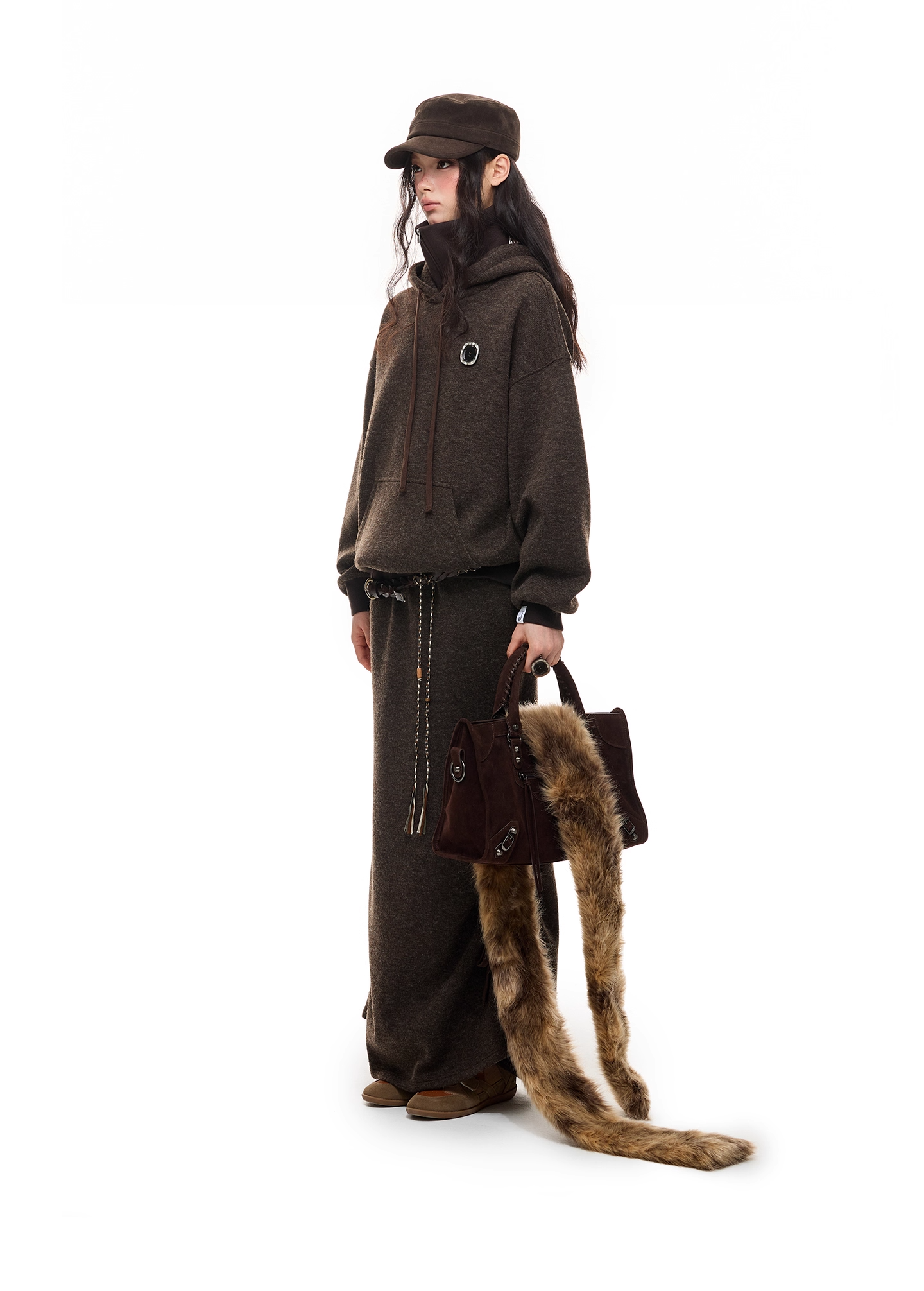 Layered-Look High-Neck Hoodie & Long Skirt 　X3484