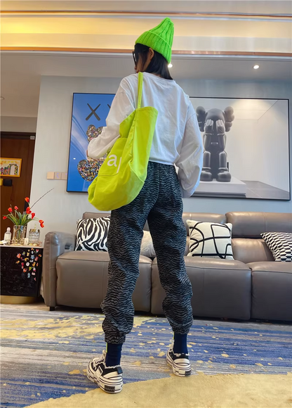 秋季豹紋高腰修身抽繩慢跑運動褲 X3501