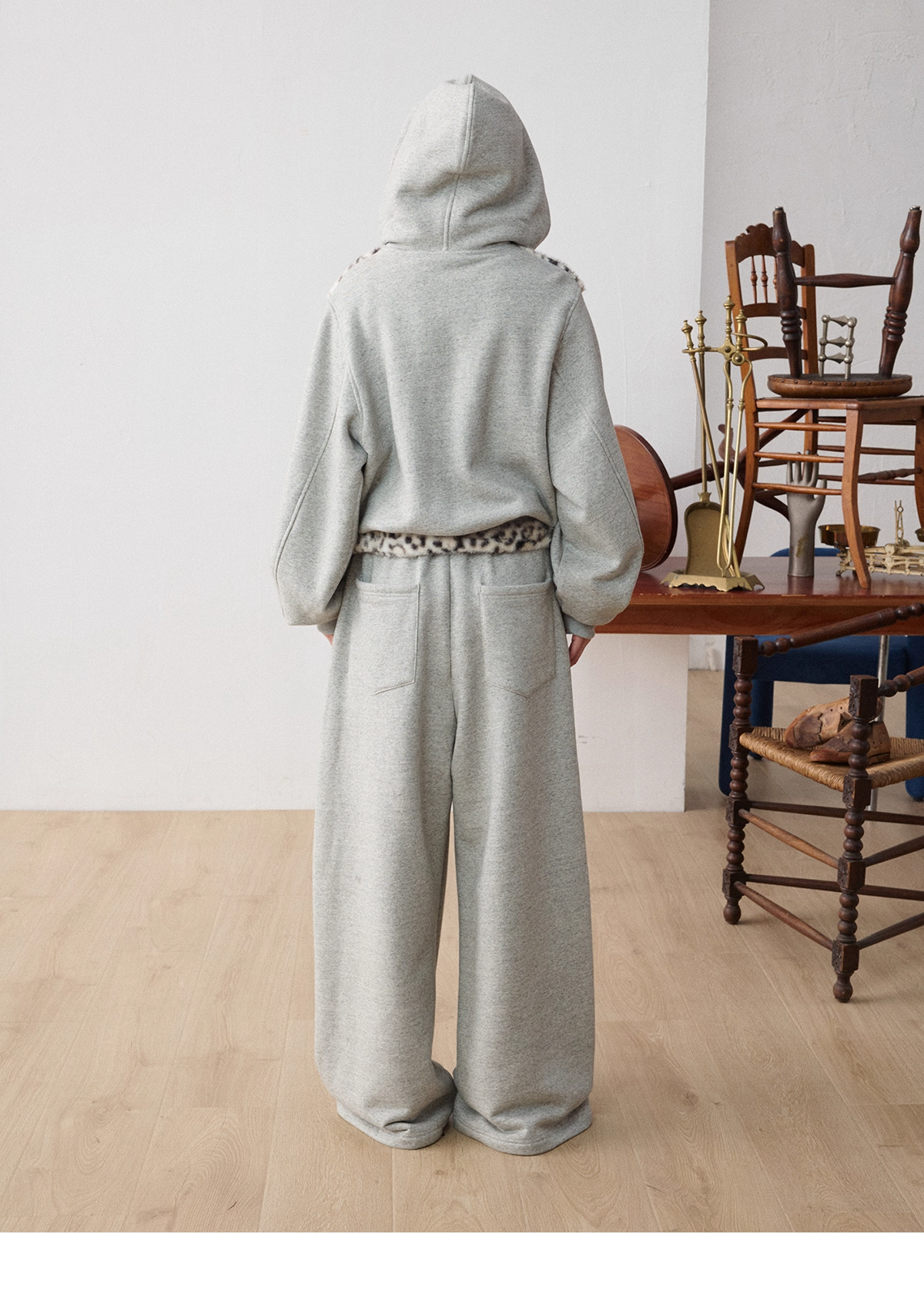 Leopard Faux-Fur Panel Hoodie & Pants　X3487