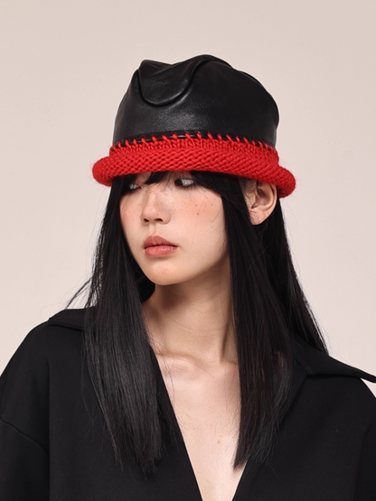 Asymmetric PU-Leather Wool Knit Bucket Hat　X3441