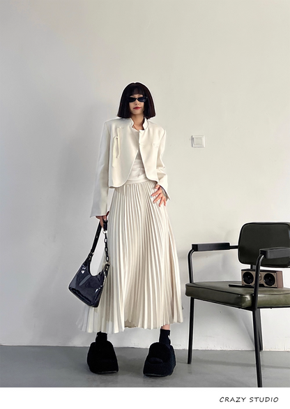 White Chinese-Style Blazer/Pleated Skirt Set　X3341