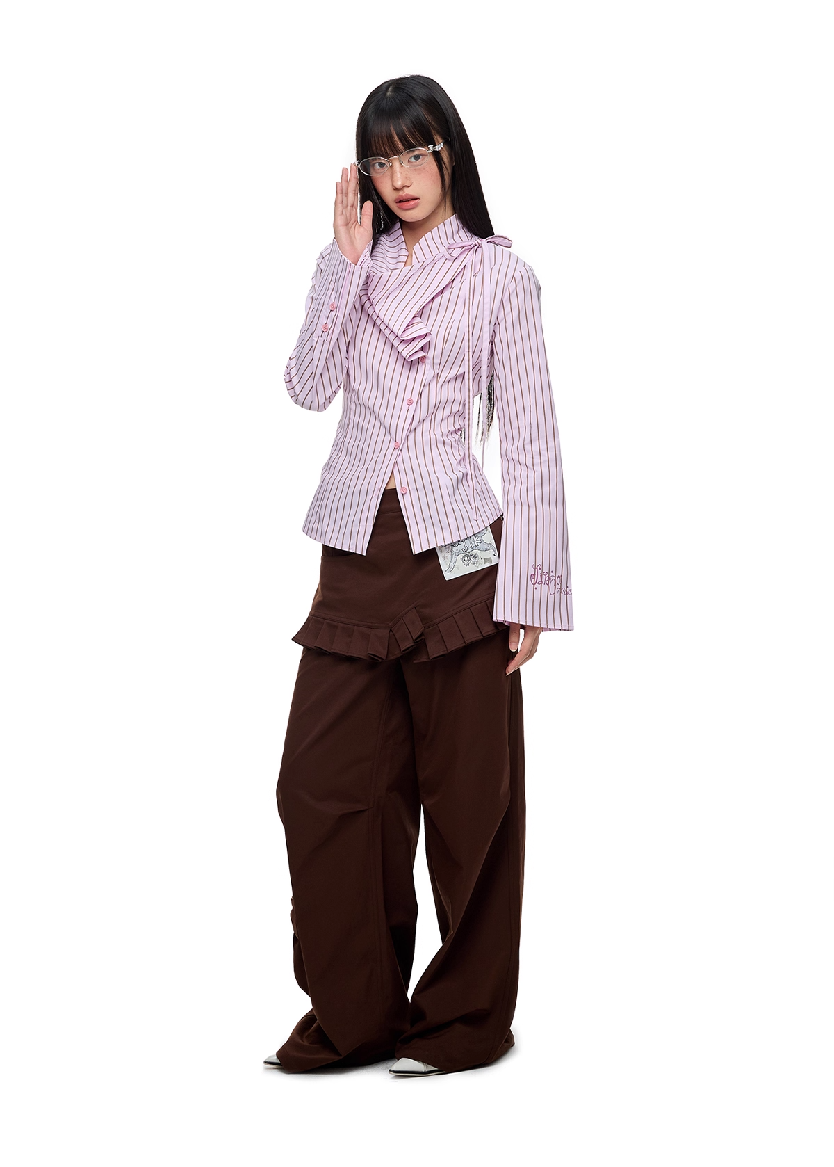 Blue Striped Long Sleeve Overlap Collar Shirt　X3333