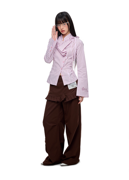 Blue Striped Long Sleeve Overlap Collar Shirt　X3333