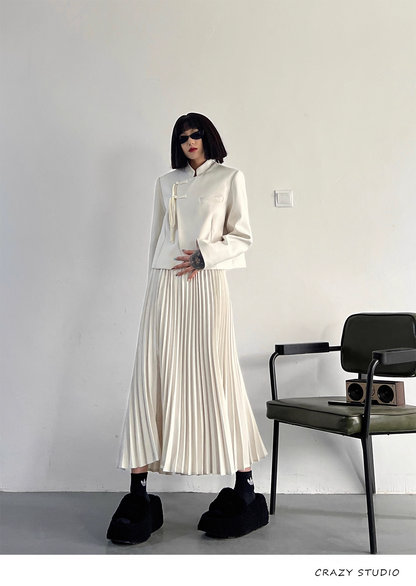 White Chinese-Style Blazer/Pleated Skirt Set　X3341