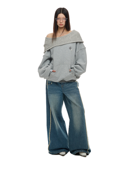 Layered-Look Off-Shoulder High-Neck Hoodie　X3485