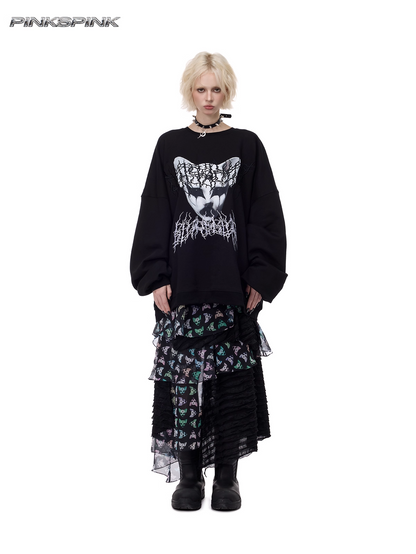 Cat Motif Print Black Metal Tulle Layered Long Skirt　X3489