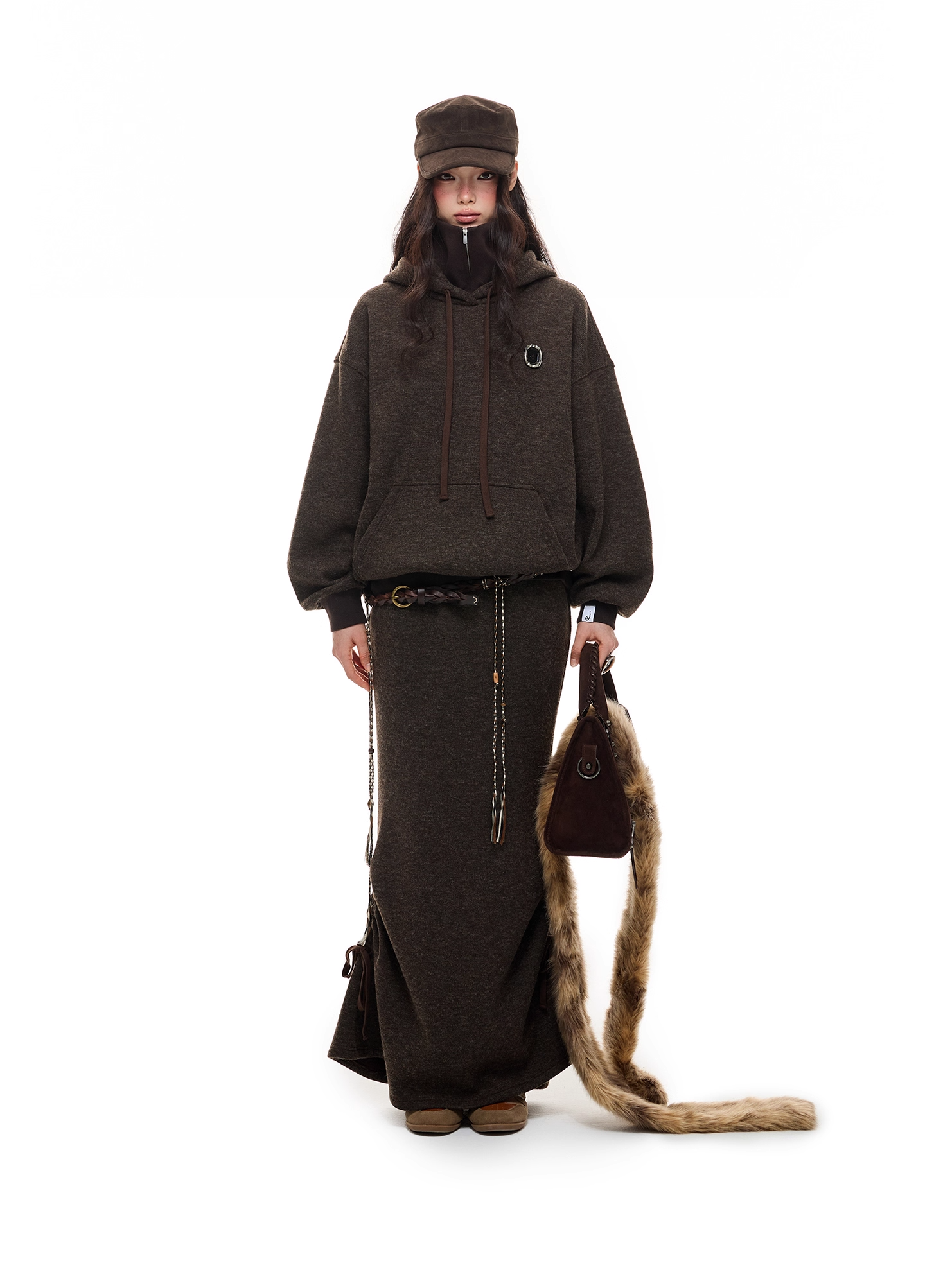 Layered-Look High-Neck Hoodie & Long Skirt 　X3484