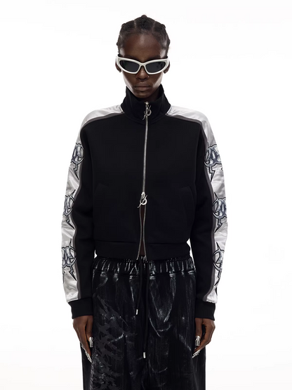 Mirror Graphic Sleeve Panel High-Neck Cropped Jacket　X3490