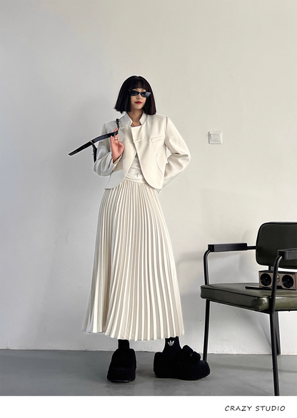 White Chinese-Style Blazer/Pleated Skirt Set　X3341