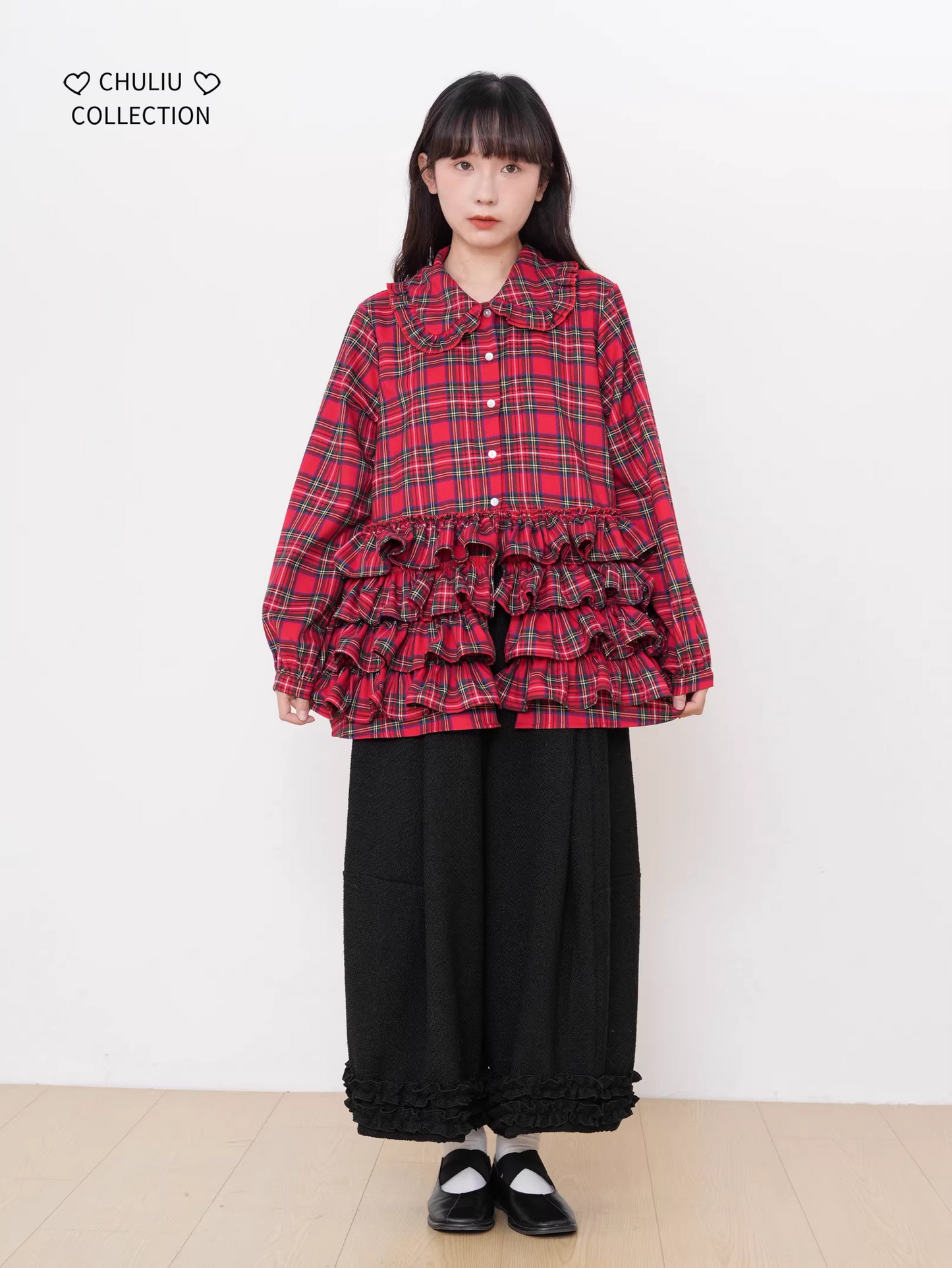 Retro Plaid Tiered Ruffle Hem Shirt　X3525