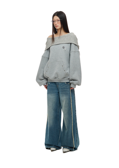 Layered-Look Off-Shoulder High-Neck Hoodie　X3485