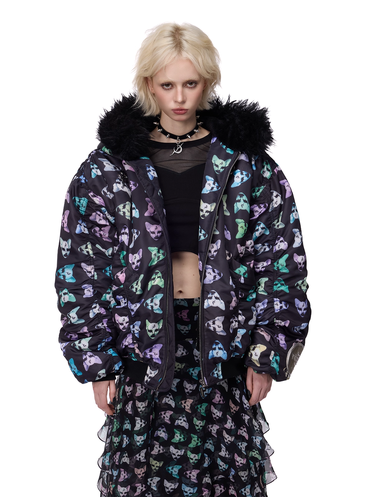 Cat Motif Print Black Metal Faux-Fur Collar Padded Jacket (Unisex)　X3488