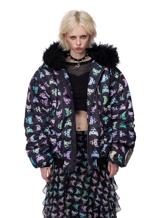 Cat Motif Print Black Metal Faux-Fur Collar Padded Jacket (Unisex)　X3488
