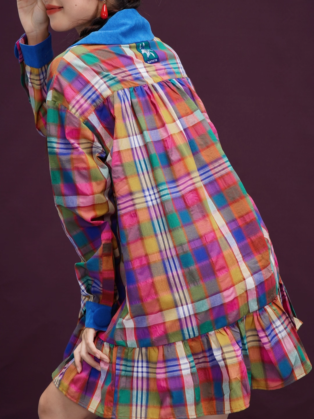 Covered Button Rainbow Plaid Vintage Short Dress X3393
