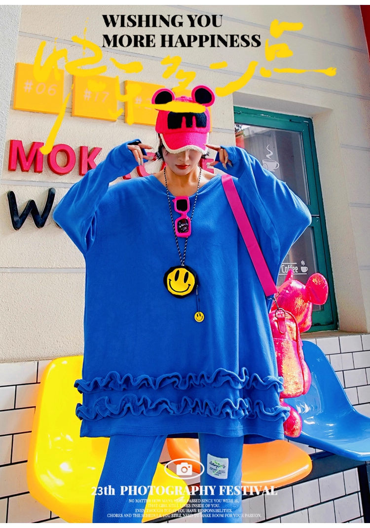 Royal Blue Ruffled Fleece Oversized Sweatshirt　X3407