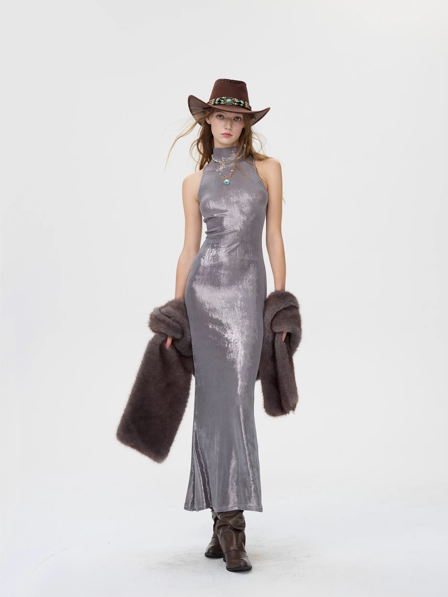 Snow Fox Glow Eco Fur Long Scarf　X3505