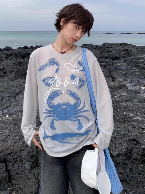 Seafood Print Long-Sleeved Tops X3178