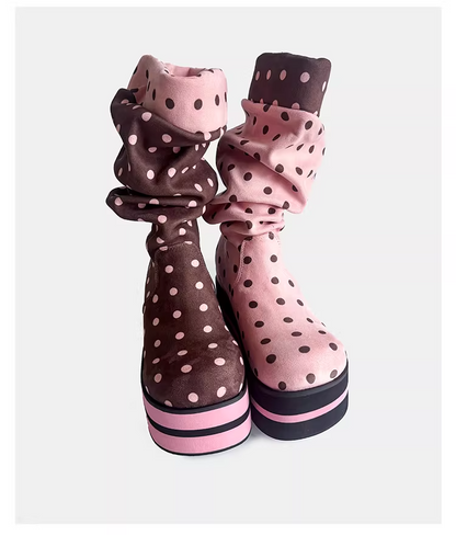 Polka Dot Platform Slouchy Mid Boots　X3524