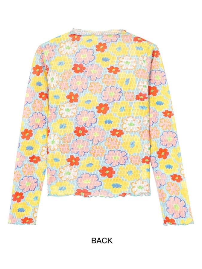 Flower Check Pattern Layered Mesh O-Neck Long Sleeve Bottoming Shirt T-Shirt Pullover X2853