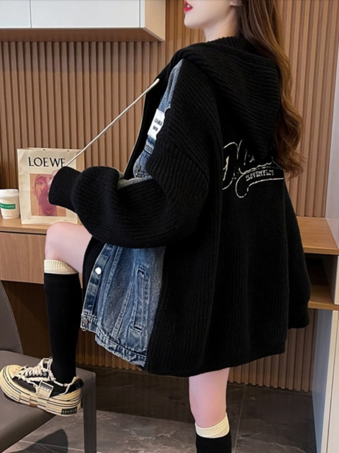 Denim patchwork knit sweater jacket X2940