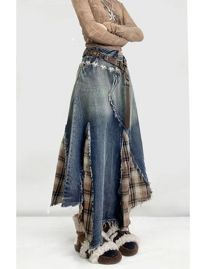 Cut-off combination denim skirt　X2989