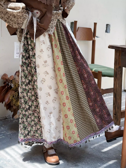 Vintage Country Patchwork Floral Long Skirt　X3364
