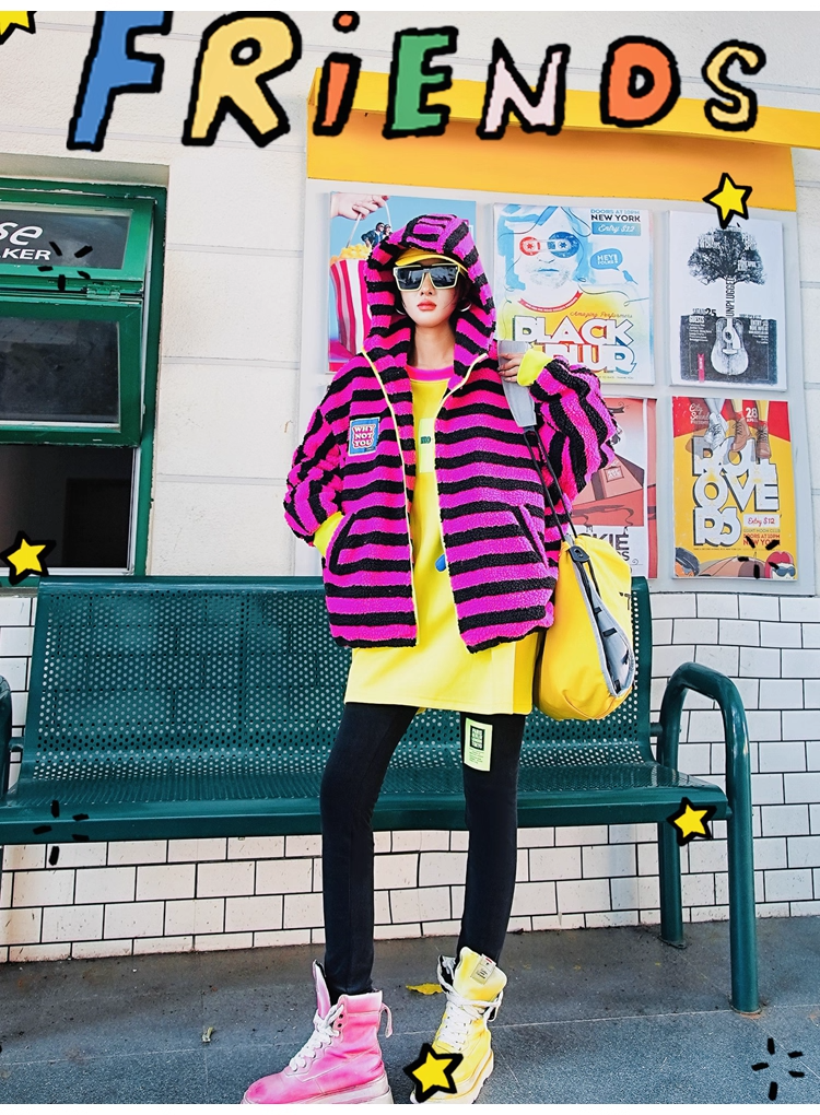 Striped Sherpa Fleece Colorblock Hoodie Jacket　X3408