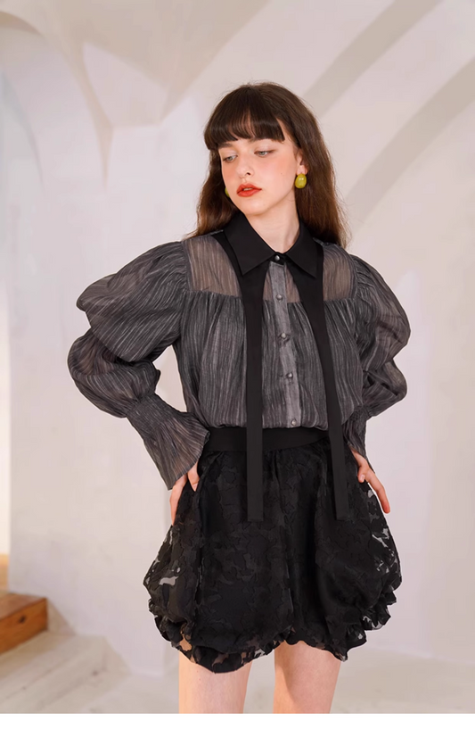 Elegant Black Puff Sleeve Shirt　X3345