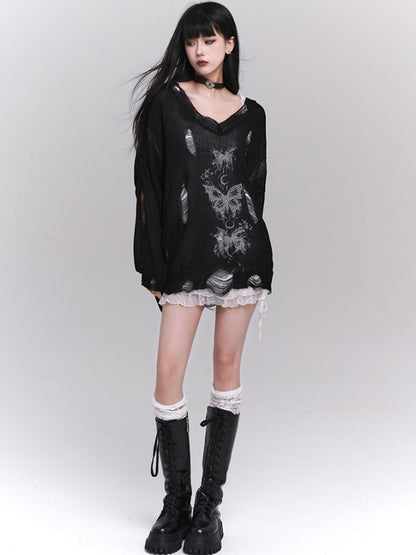 Wide V-neck damaged pullover X2826