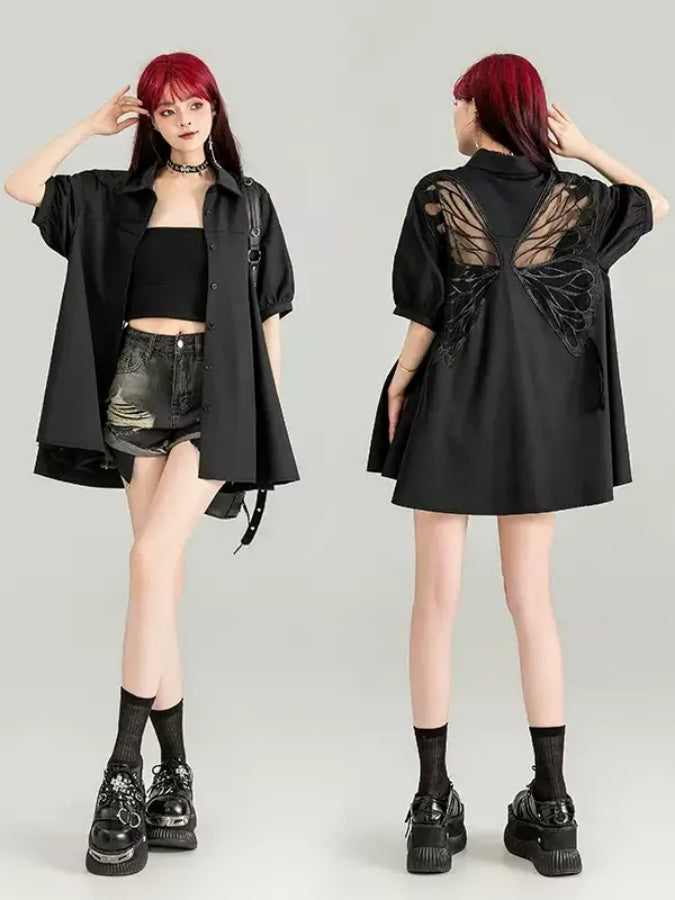 Butterfly motif open back puff sleeve shirt X2766