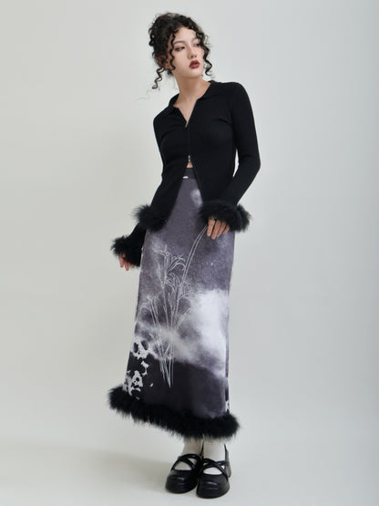 Ink painting pattern back slit fur long skirt X2647