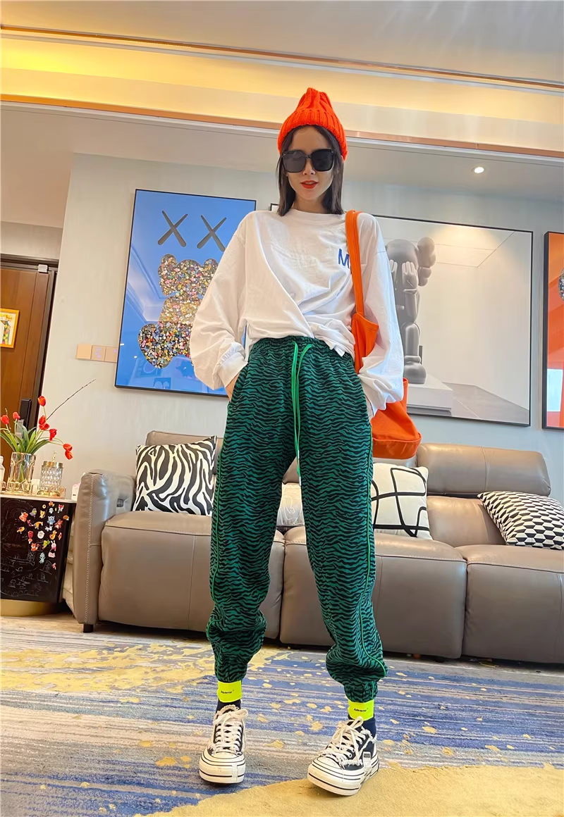 秋季豹紋高腰修身抽繩慢跑運動褲 X3501