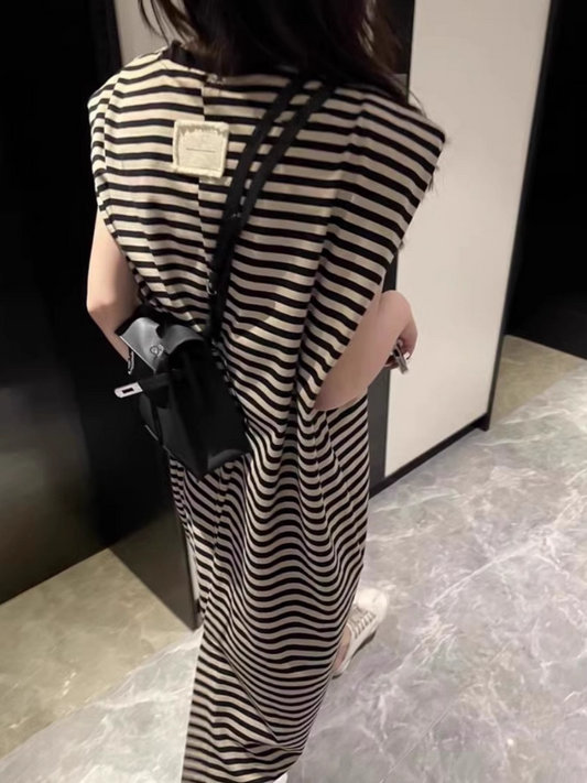 Sleeveless Striped Shoulder-Pad Dress X3306