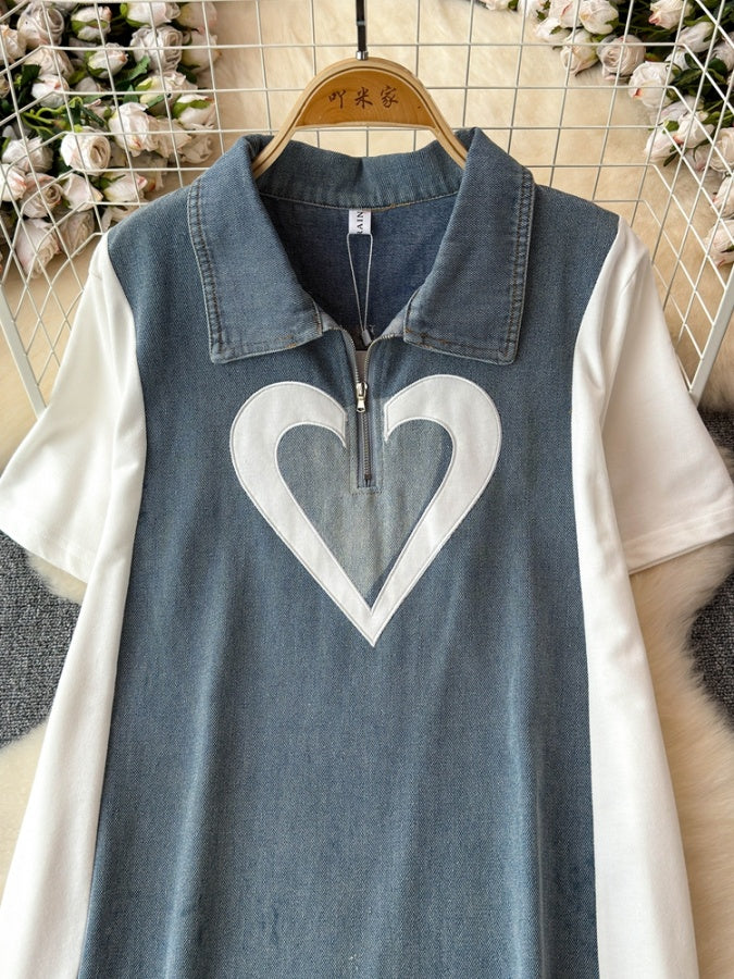 Bicolor Heart Denim Dress X2770