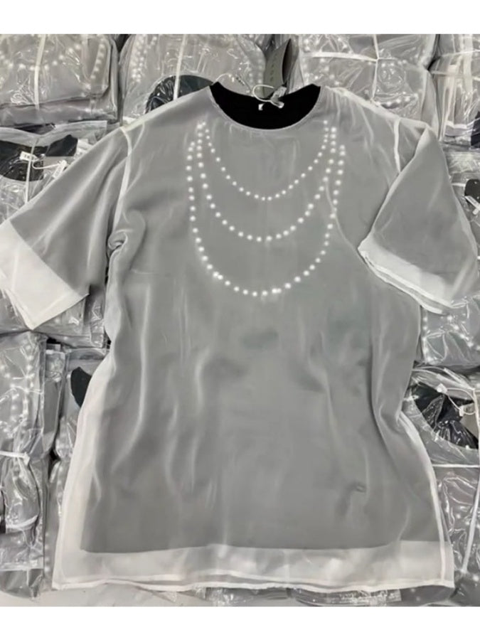 Sheer pearl necklace print T-shirt X2689