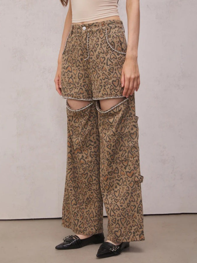 Leopard cut-out casual pants X2788