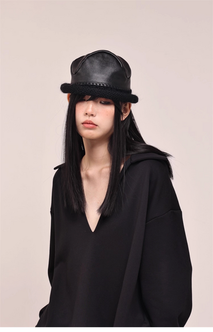 Asymmetric PU-Leather Wool Knit Bucket Hat　X3441