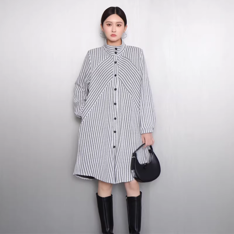 Striped Stand-Collar Long Shirt Dress X3521