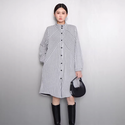 Striped Stand-Collar Long Shirt Dress X3521