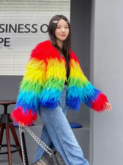 Colorful rainbow color volume silhouette long sleeve fur short jacket X2856