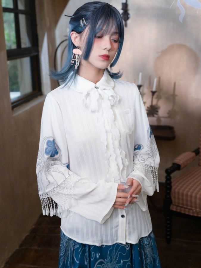 Doll collar ribbon fringe sleeve shirt X2832