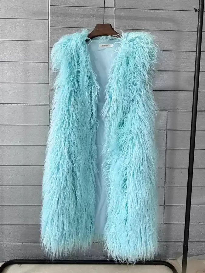 Round neck faux fur long vest jacket X2857