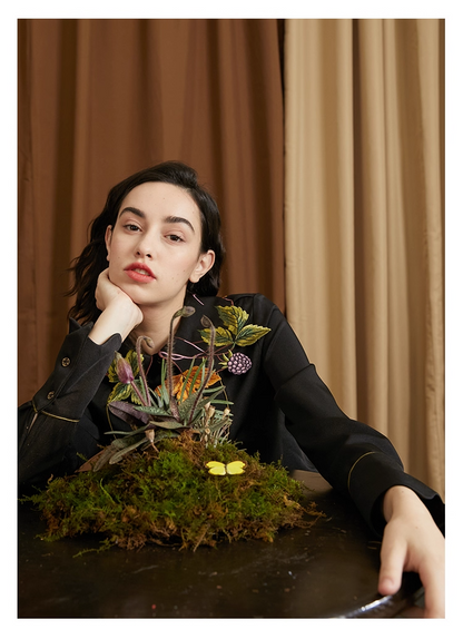 Leaf & Berry Embroidered Glossy Shirt　X3444