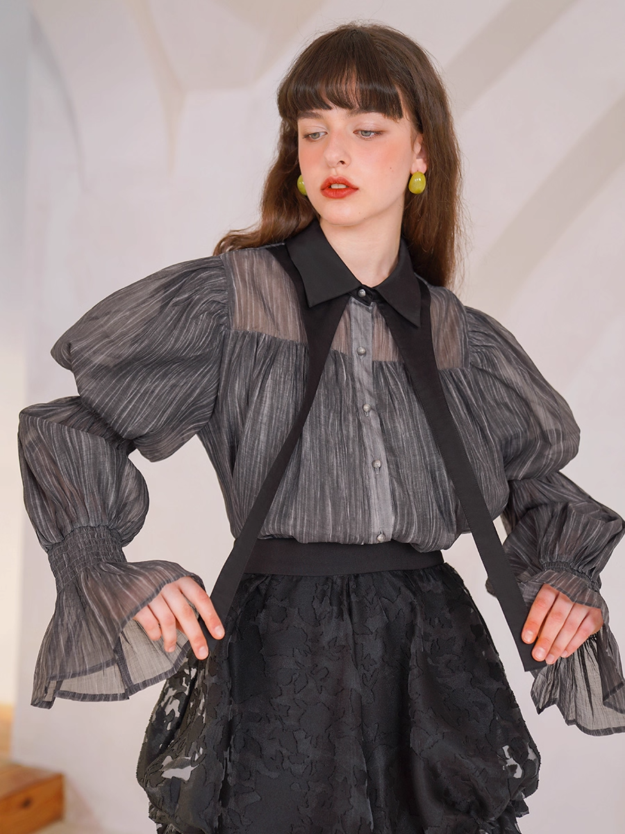 Elegant Black Puff Sleeve Shirt　X3345
